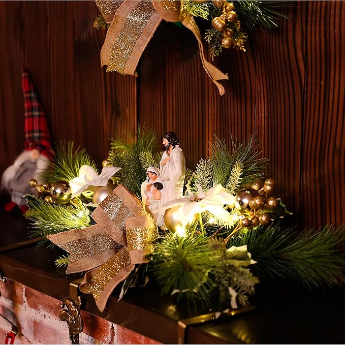 MOONET Christmas Table Centerpiece with LED Lights, White Plastic Pine Needle Ornament, Red Berry, Christmas Balls for Holiday Party, Home, Fireplace