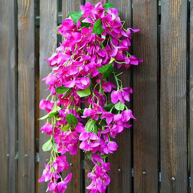2PCS Bougainvillea Artificial Hanging Flowers Plants for Outdoors Outside Fall Decoration, Faux Silk Flowers Fake Vines UV Resistant Look Real Realistic for Front Door Porch Planter Balcony, Fuchsia