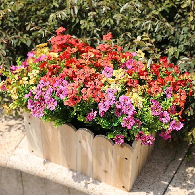 Outdoor Artificial Flowers, 12 Bundles Fake Flowers Summer Decoration, No Fade Faux Plastic Shrubs for Garden Patio Porch Window Box Decor (Fuchisa,Rose Yellow,Red)