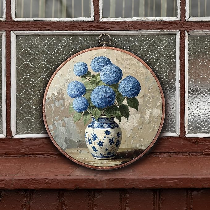 Threegoat Chinoiserie Spring Floral Framed Round Wall Art,Blue and White Hydrangea Flowers Wall Art Decor for Bedroom,Vintage Wall Hanging Decor for Grand Millenial Grandmillennial Home - A09