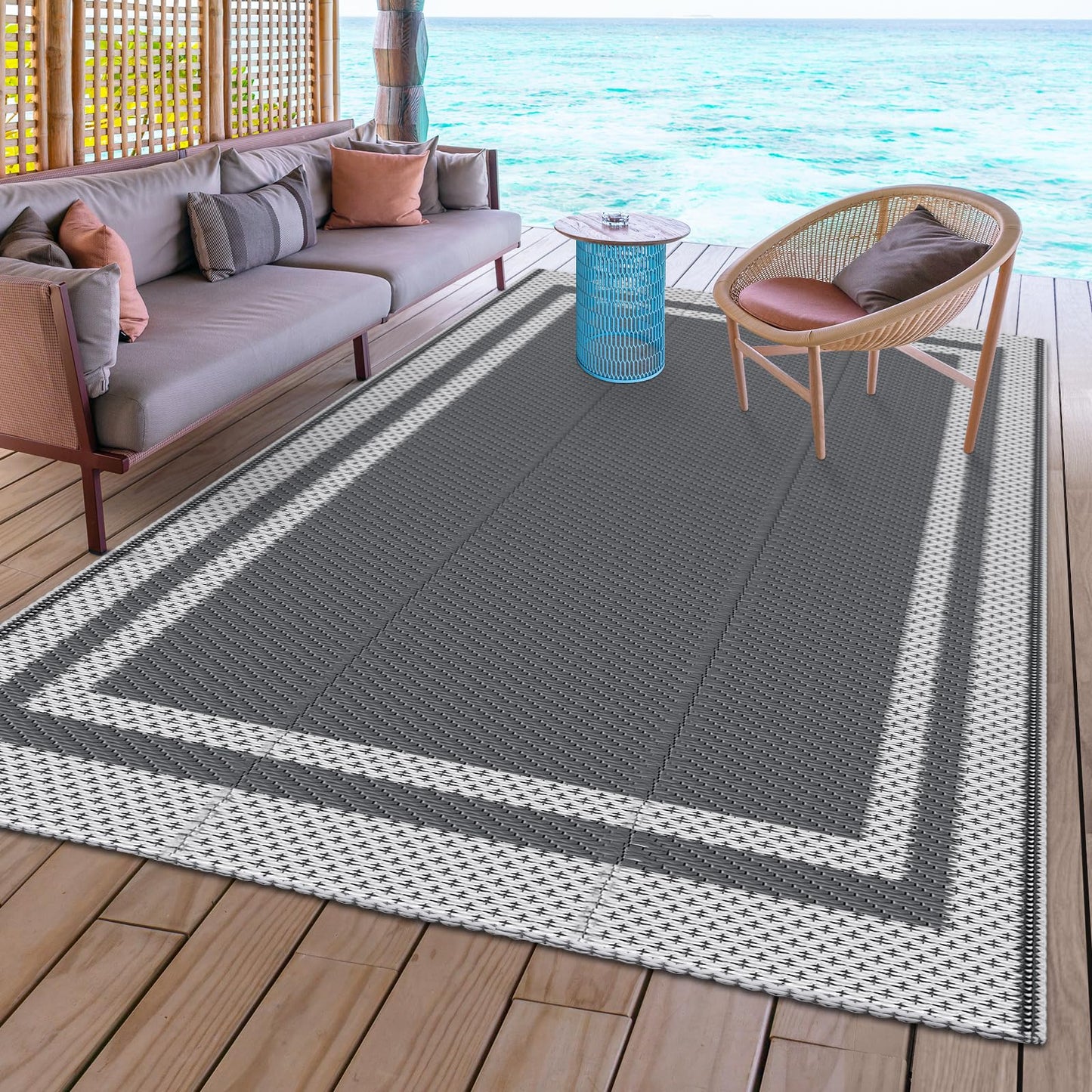 HappyTrends,Outdoor Rug,Patio Rug,Reversible Portable Outdoor Plastic Straw Rug,Camping Rugs for Outside RV,Large Waterproof Area Rugs for Patio,Deck,Picnic,Porch,Balcony(4'x 6',White&Gray)