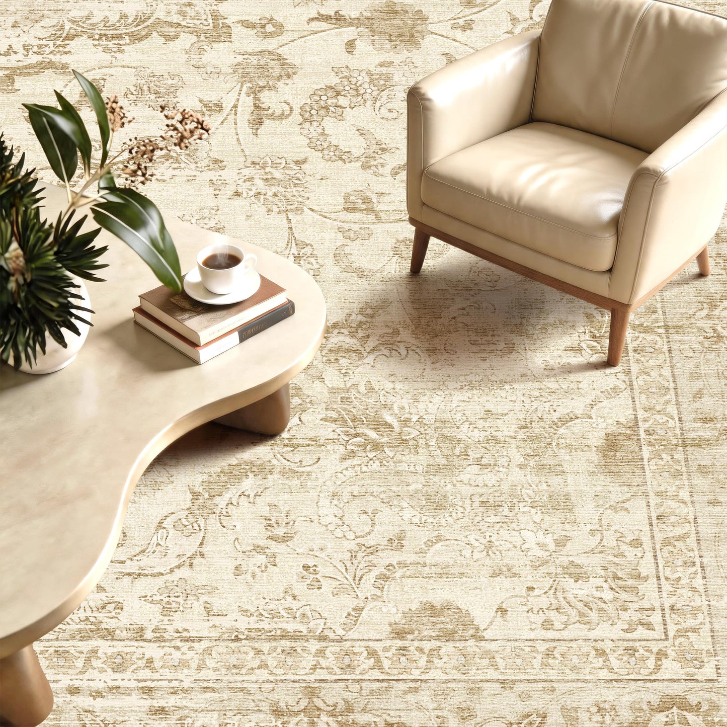 TTelephant Beige Living Room Rug, Neutral Vintage Boho Washable Rug 6x9 for Bedroom and Dining Room, Low Pile Large Carpets with Non-Slip Silicone Backing, Non-Shedding