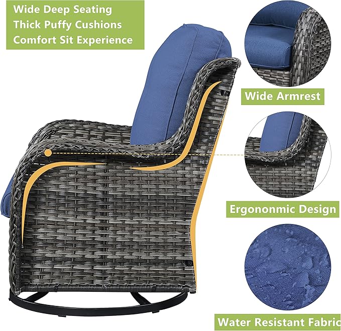 Rilyson Wicker Patio Furniture Set - 6 PC Rattan Outdoor Sectional Conversation Sets with 2 Swivel Rocking Chairs,2 Ottomans,1 Sofa and 1 Coffee Table for Porch Deck(Mixed Grey/Blue)