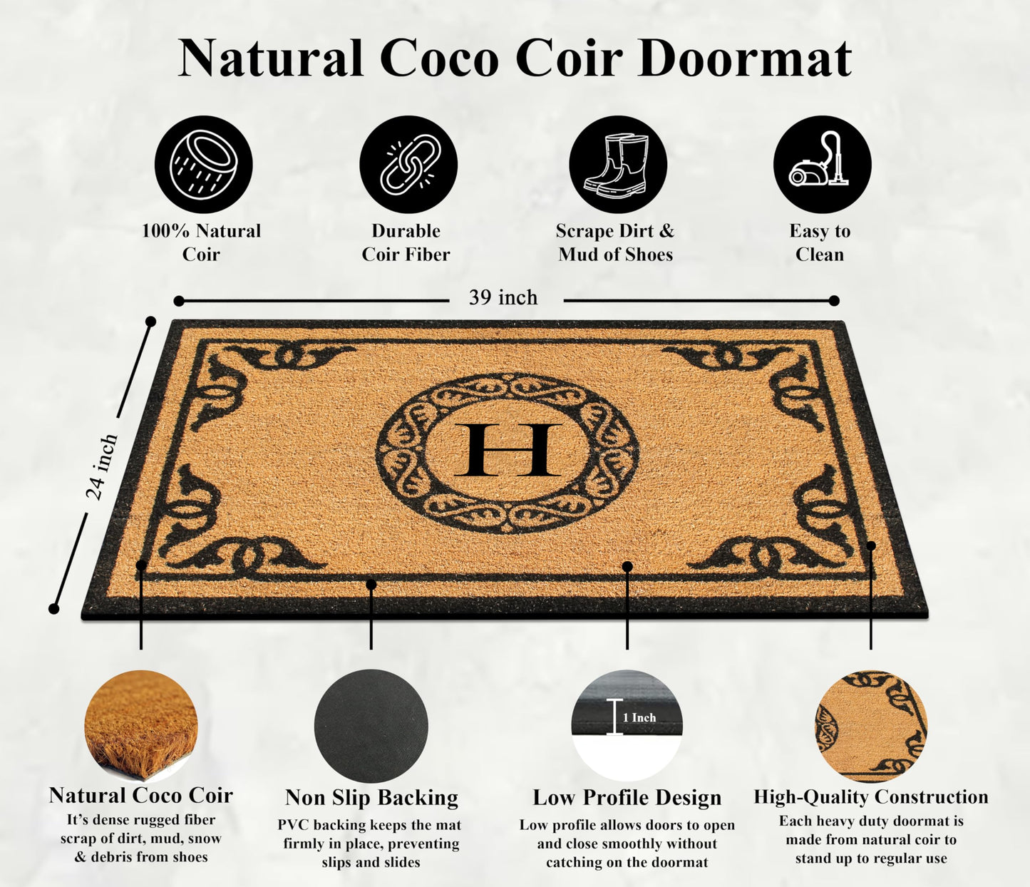 A1HC Natural Coir Monogrammed Doormat for Outside Entrance, Anti-Shed Treated Mats, Heavy Duty Durable EntryMat, Easy to Clean Front Door Mat - H, 24" X 39"