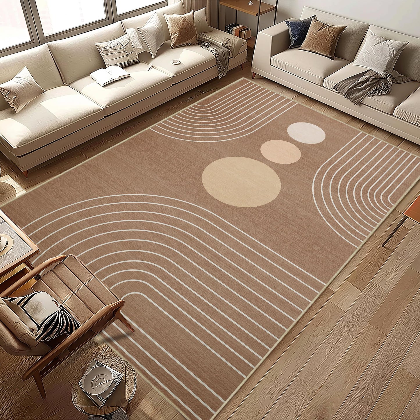 Area Rug 5x7 Boho Modern Minimalist Geometric Abstract Rug Brown Mid Century Modern Rug for Living Room Machine Washable Non-Slip Printed Low Pile Indoor Carpet for Bedroom Dining Room Office Brown