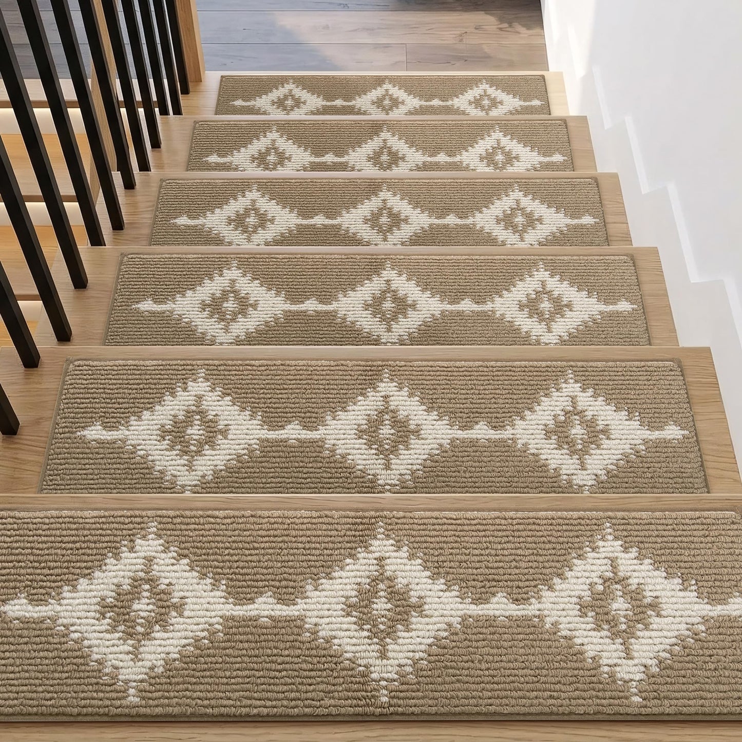 TANVILL Stair Treads for Wooden Steps, Non-Slip Peel and Stick Carpet Stair Runner, Boho Pet Friendly Indoor Stair Protectors, Soft Washable Reusable,8x30 15Pcs,Brown