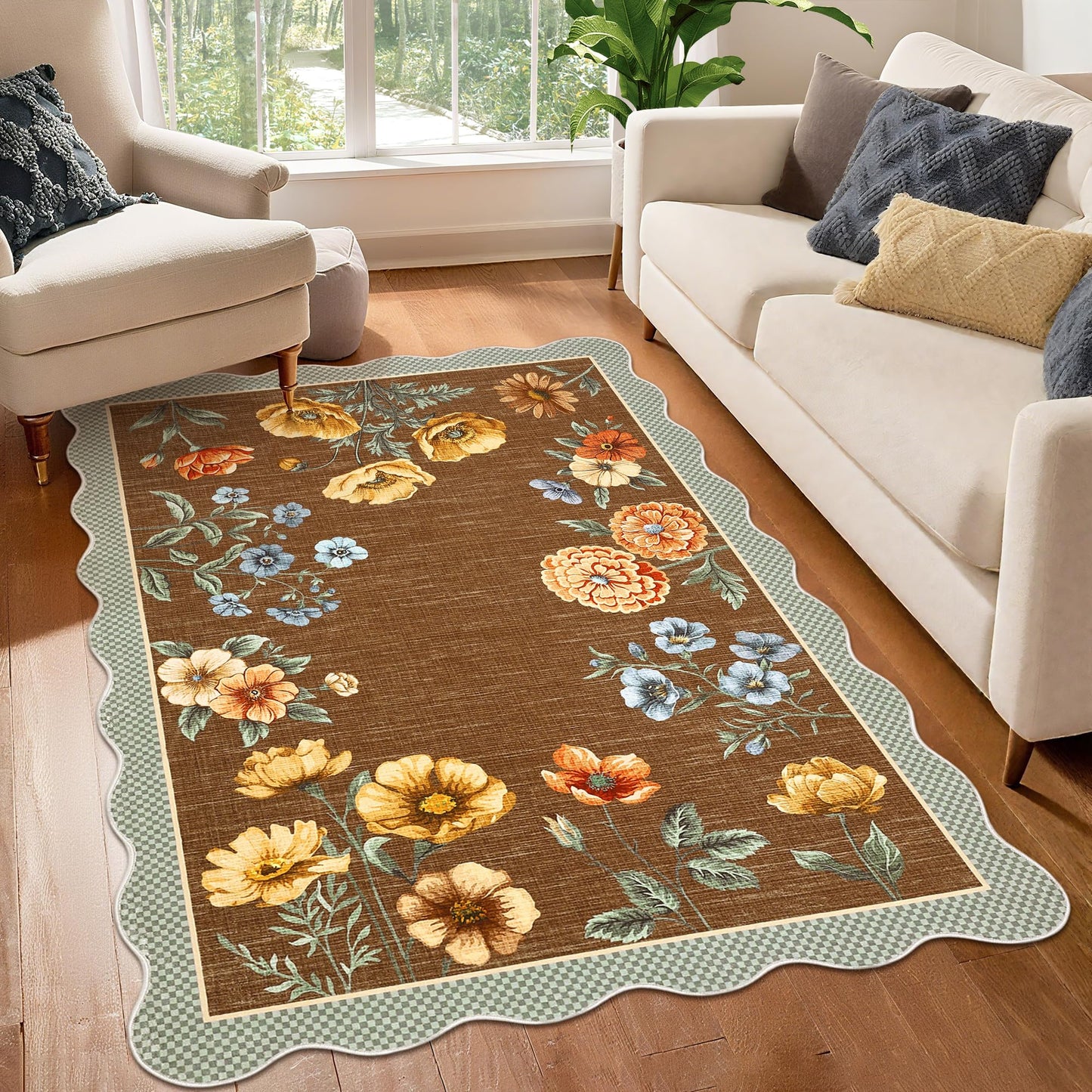 GarveeHome Floral Scalloped Washable Rugs 8x10, Non-Slip Low Pile Living Room Rugs 8x10, Soft Bedroom Rug Stain Resistance Boho Botanical Brown Rug with Rubber Back for Dining Room, Coffee