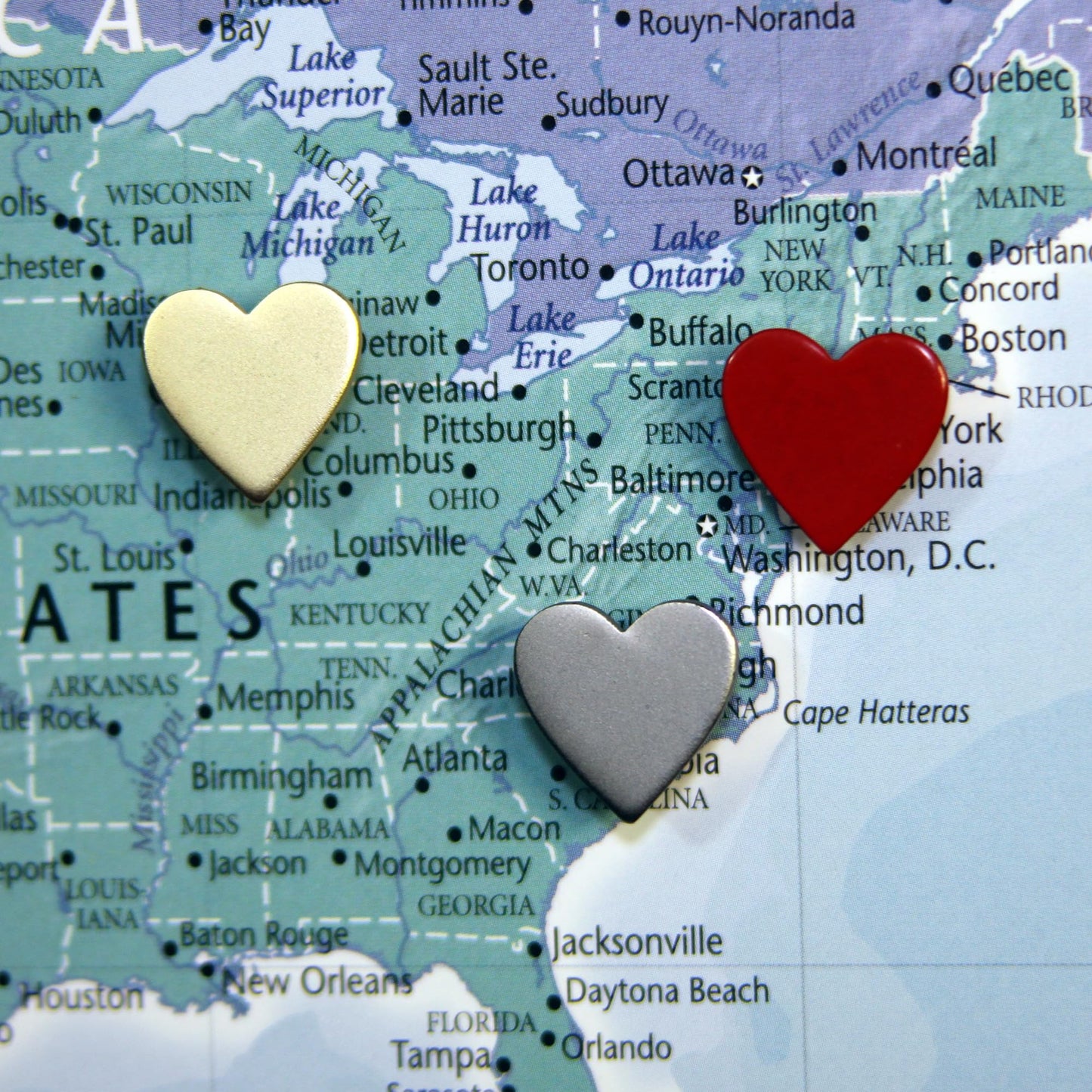 Big Gold Heart Push Pins - Large Gold Metal Heart Map Pins - for Cork Board, Maps, or Lapel Pin Use - Designed in USA - Set of 20