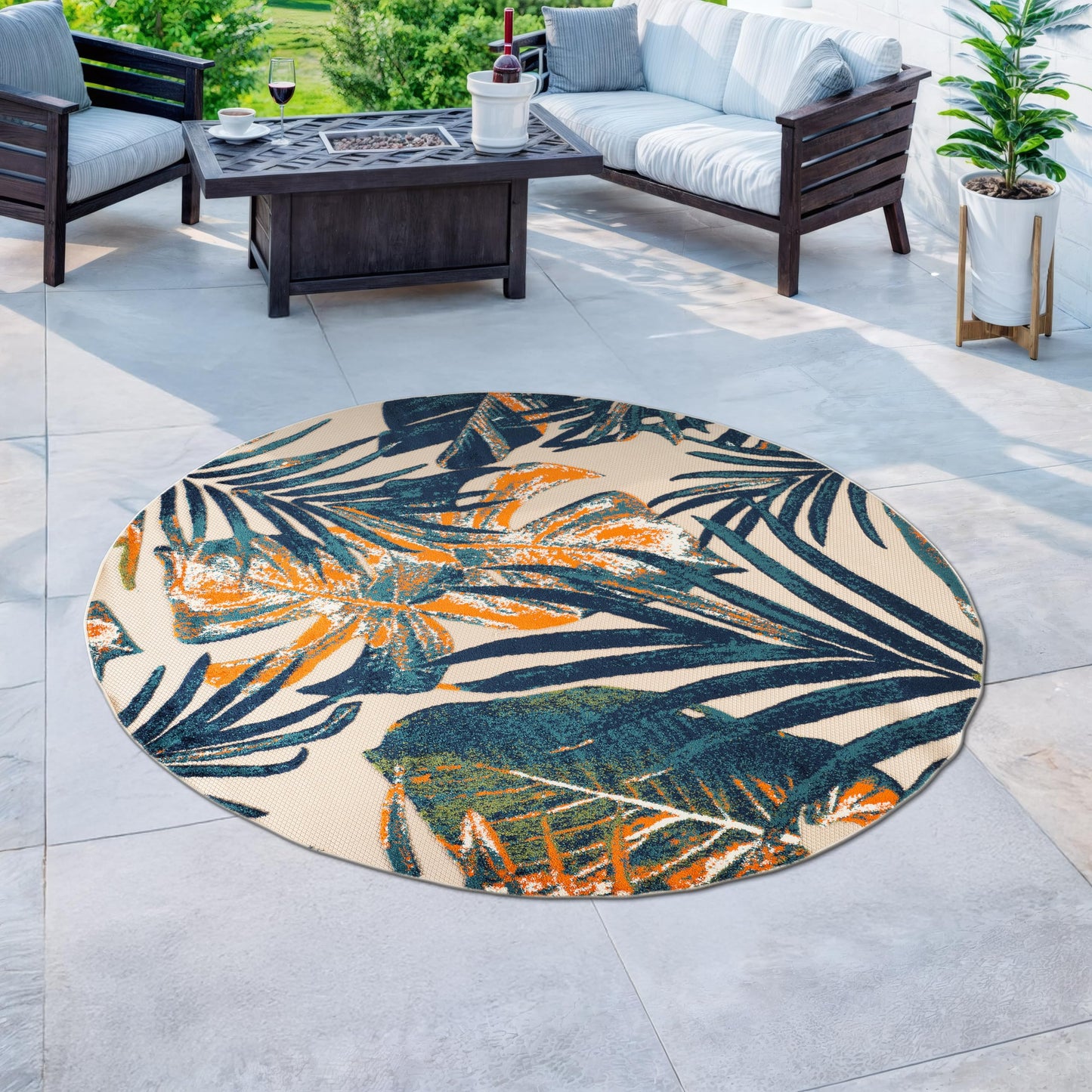 Rugshop Tropical Floral Leaves Indoor/Outdoor Area Rug Durable Polypropylene, Non-Shedding, Easy to Clean, Perfect for Patio, Backyard, Deck and Outdoor Lounge, High Traffic Areas, 8' Round