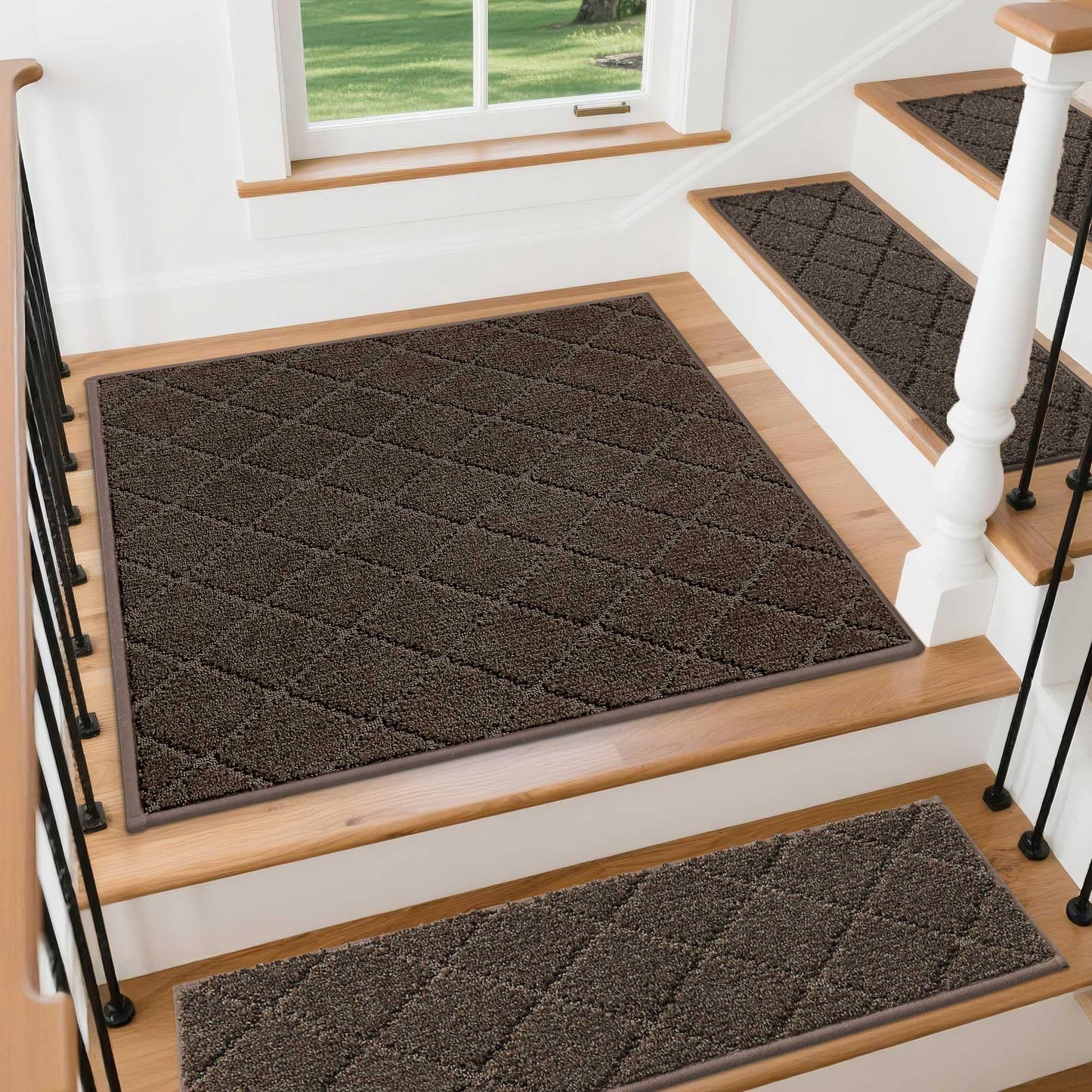 COSY HOMEER Edging Stair Treads Non-Slip Corner Indoor Stair Runners for Wooden Steps,Landing Slip Resistant Stair Rugs Mat for Kids and Dogs,100% Polyester TPE Backing,Brown,30x30 inch