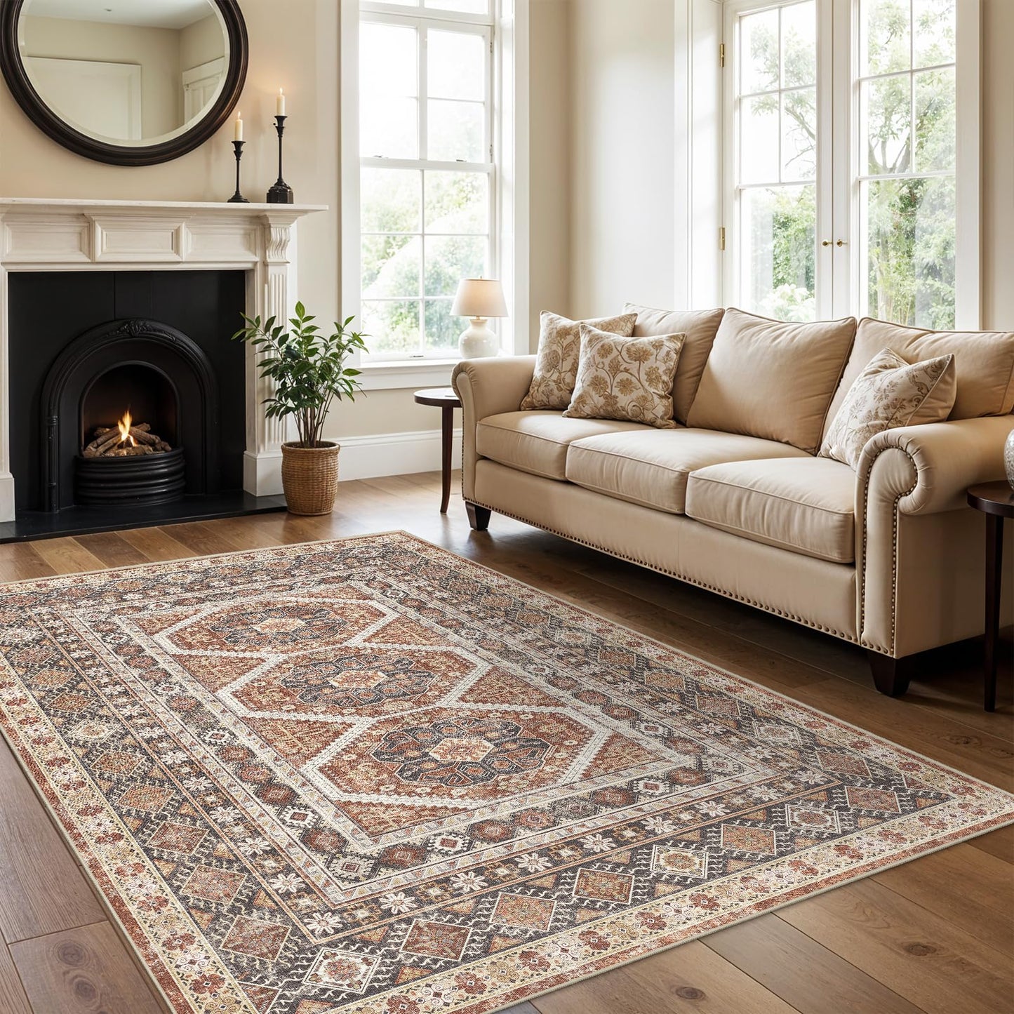 6x9 Area Rugs for Living Room:Washable Oriental Rug for Bedroom Dining Room Carpet 6 by 9 Indoor Non Slip Rubber Backing Neutral Nursery Dorm Home Office Kids Beige (Brick, 6x9)