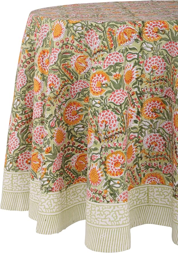 ATOSII Clover Green 100% Cotton Round Tablecloth, Hand Block Print Floral Table Cloth for Kitchen Dining Linen I Parties, Weddings, Outdoors, Holidays, Easter I Spring Home Decor 72" Inches Round