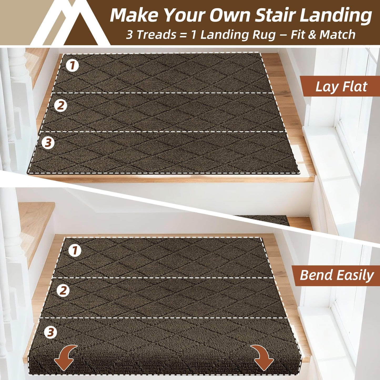 COSY HOMEER Bullnose Carpet Stair Treads, 3 Pack Peel and Stick Non-Slip Stair Treads for Wooden Steps Indoor, 11" x 30" Washable Pet Friendly Stair Runner with Edge Protection for Kids Elders, Brown