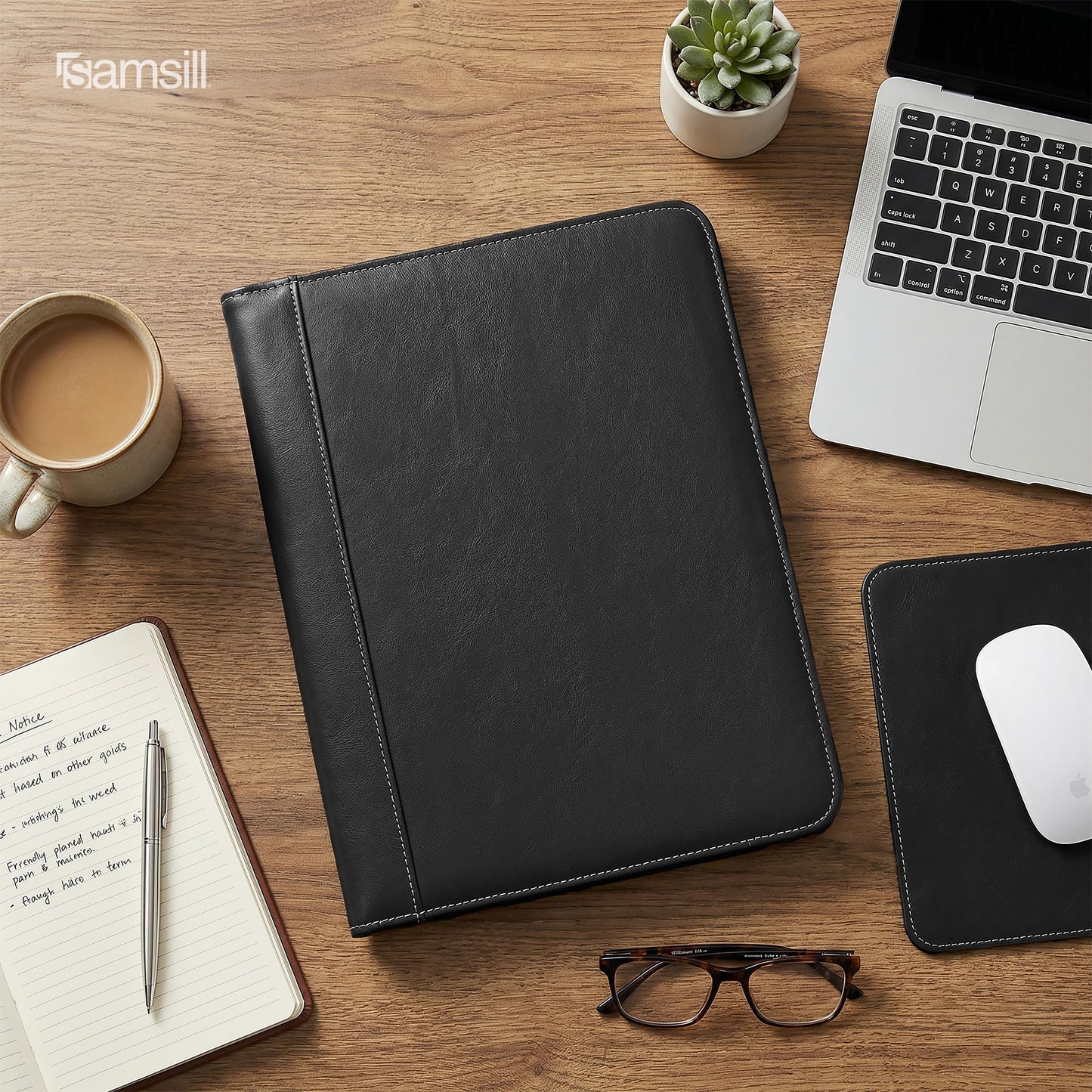 Samsill Contrast Stitch Faux-Leather Padfolio, Business Portfolio for Men and Women, Resume Document Organizer with 8.5 x 11 Inch Writing Pad, Black