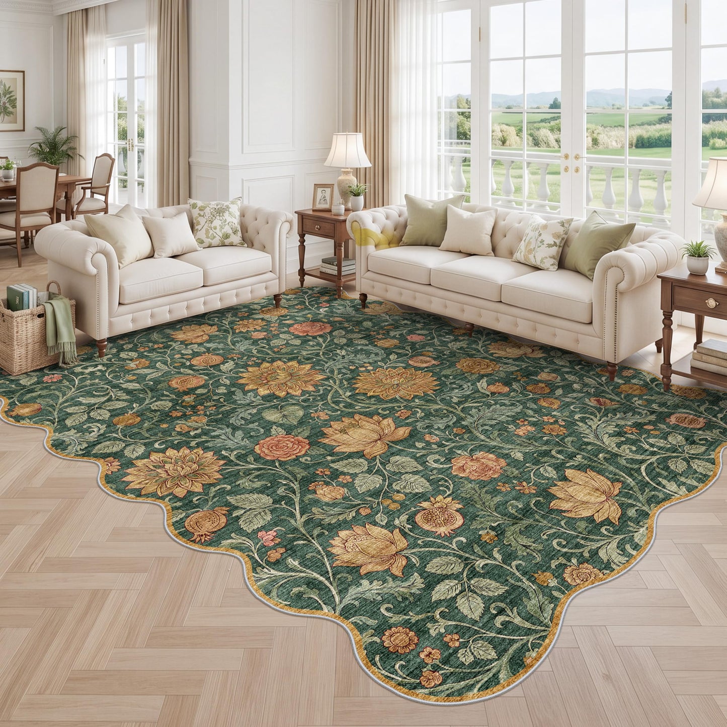 9x12 Floral Scallop Edge Rug: Soft Washable Green Scalloped Living Room Rug Stain Resistant Easy-Clean Flower Rugs for Bedroom Thin Non-Slip Boho Floral Area Rug for Dining Room Office (9x12ft,Green)