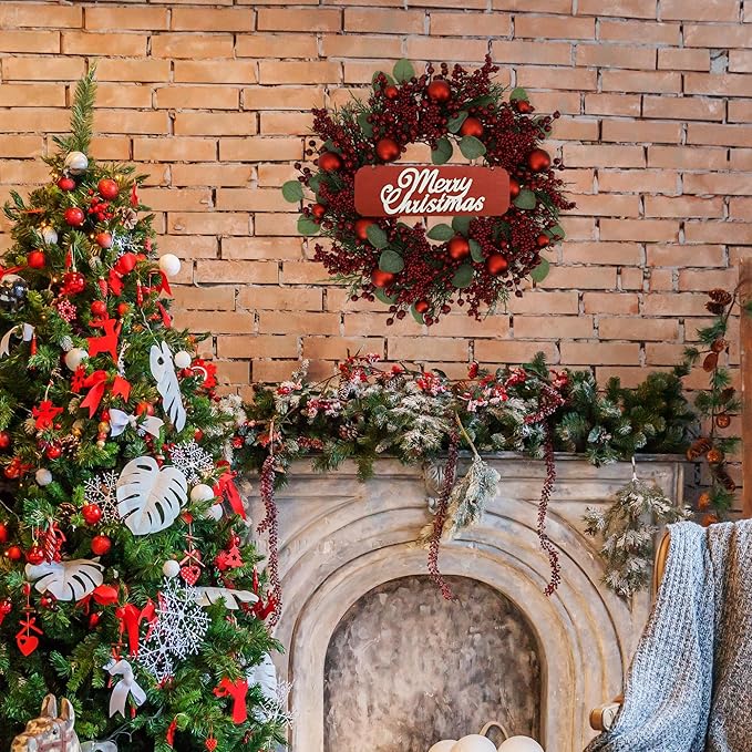 YNYLCHMX 20 Inch Christmas Wreath for Front Door, Winter Wreath with Welcome Sign Pine Needle Red Berry Ornaments, Artificial Door Xmas Wreaths for Window Fireplace Farmhouse Holiday Party Decoration