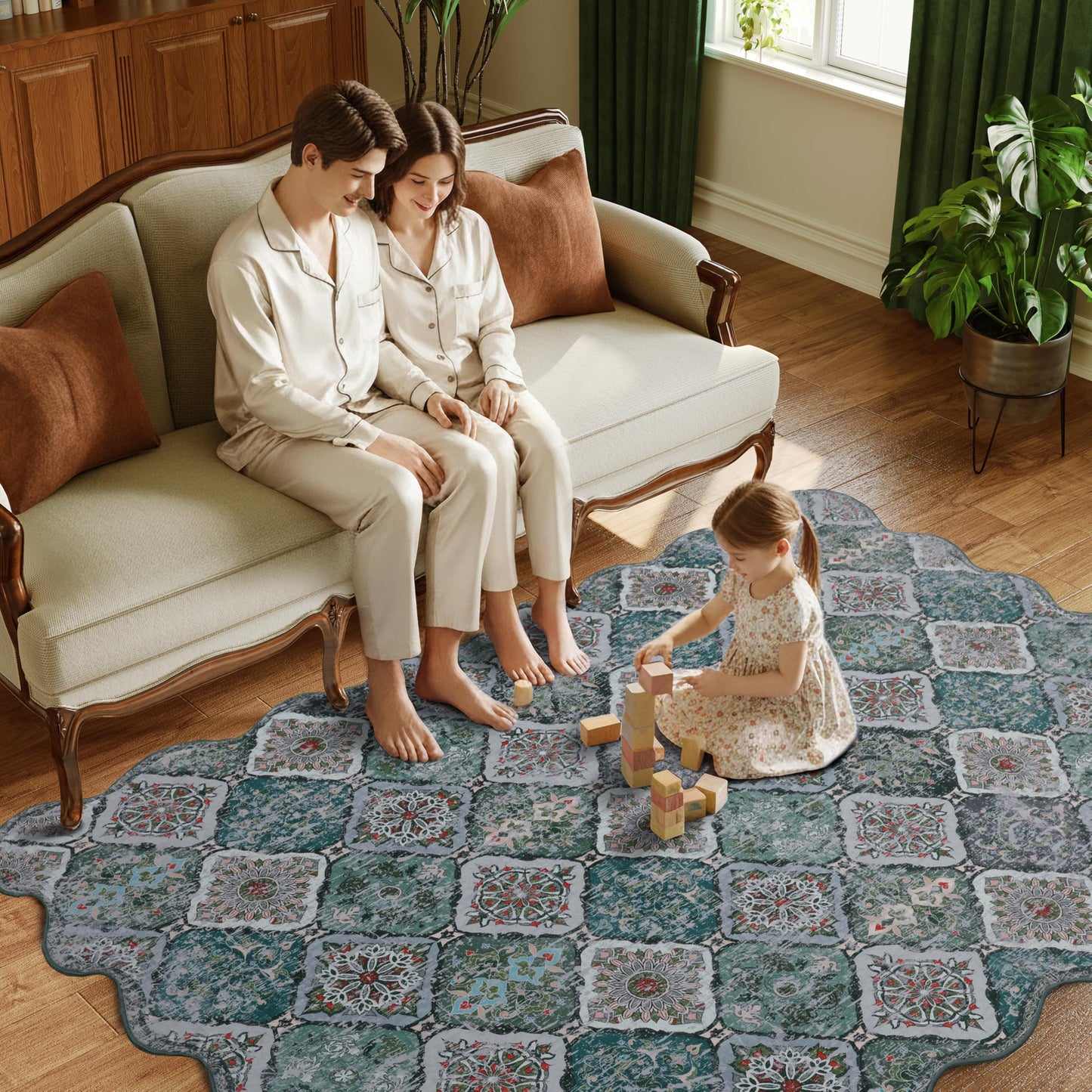 Clemile Moroccan 5x7 Area Rug, Unique Scalloped Ultra-Thin Soft Washable Rug, Non-Slip Stain Resistant Lightweight Low-Pile Carpet for Living Room Bedroom Dining Room Office (Green)