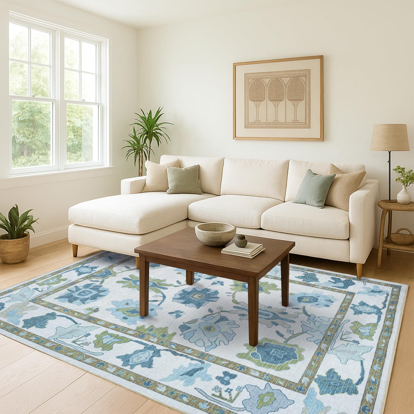 Green Oushak Rug, Modern Rugs, Vintage, Turkish, Eclectic, Floral, Pastel, Washable, Small Throw, Accent Area Rug for Living Room, Bedroom, Kitchen, Bathroom, 2'5"x4'11"