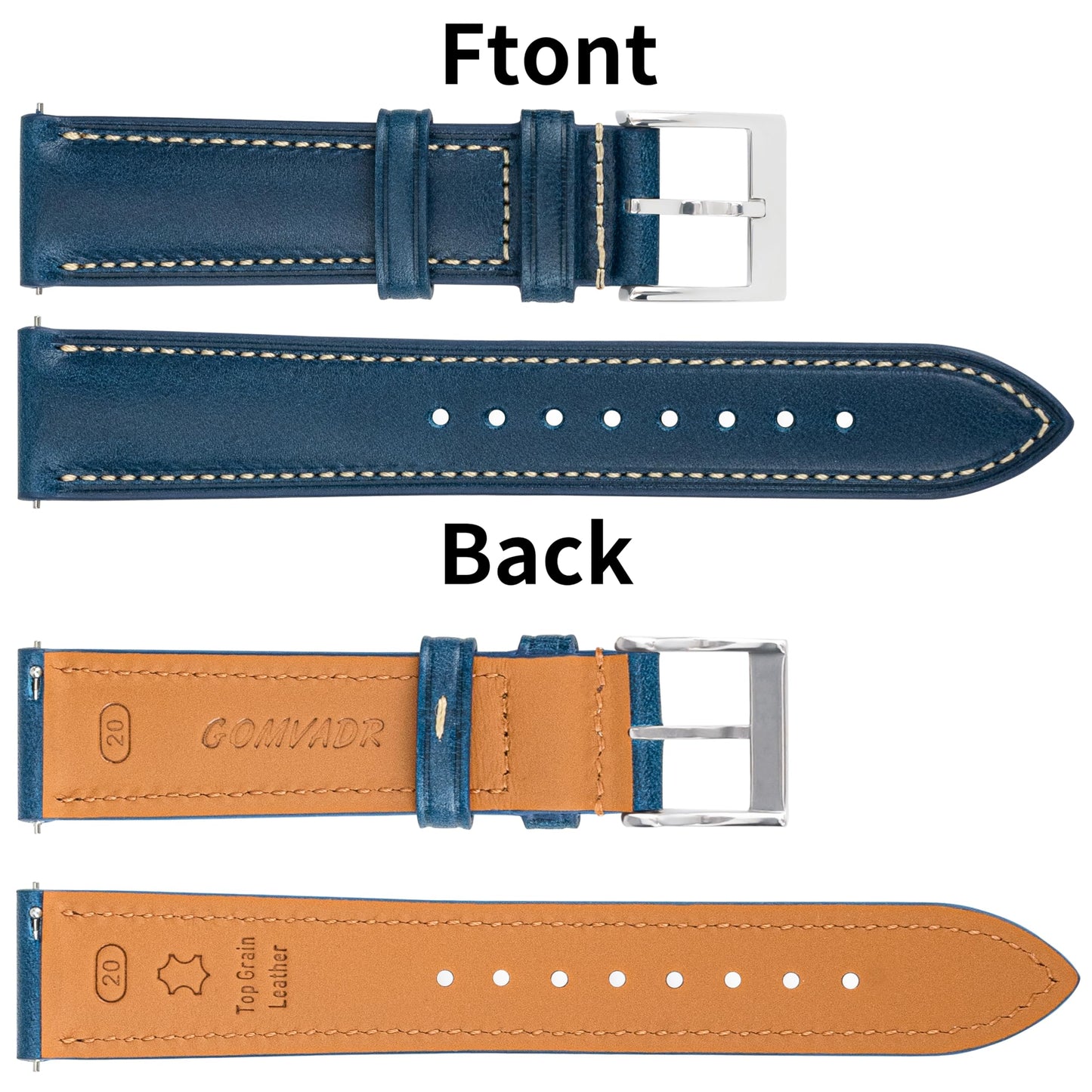 Gomvadr Vintage Genuine Top Grain Leather Watch Strap Quick Release, 18/19/20/21/22/24mm, Silver/Black Buckle, Universal Fit Unisex for Daily Wear (Blue with Silver Buckle, 24mm)