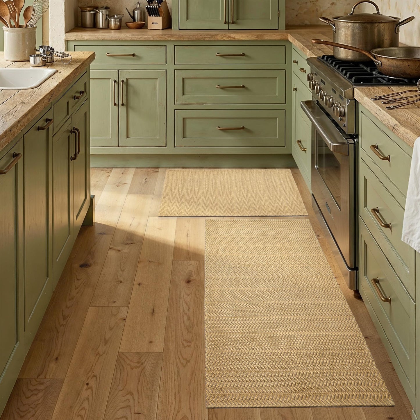 MatEssenz Kitchen Rugs Set of 2, 20" x 30" + 20" x 48" Non Slip Washable Kitchen Mats for Floor, Absorbent Low Profile Sink Runner, Durable Herringbone Woven Farmhouse Rug, Khaki