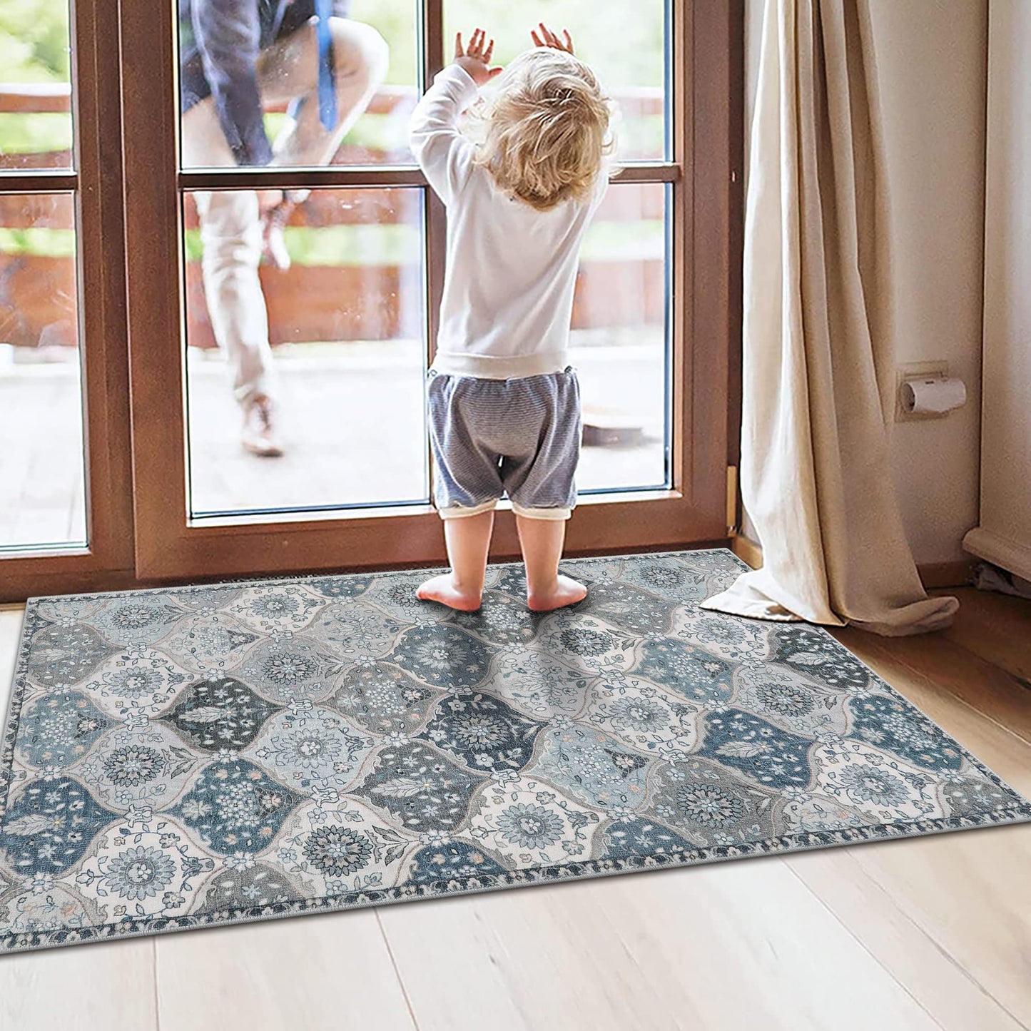 Lahome Moroccan Trellis Front Door Mat Indoor Entrance, 2x3 Rugs for Entryway Non-Slip Washable Indoor Door Mat, Oriental Accent Small Rug for Kitchen Bedroom Bathroom Elise, Blue