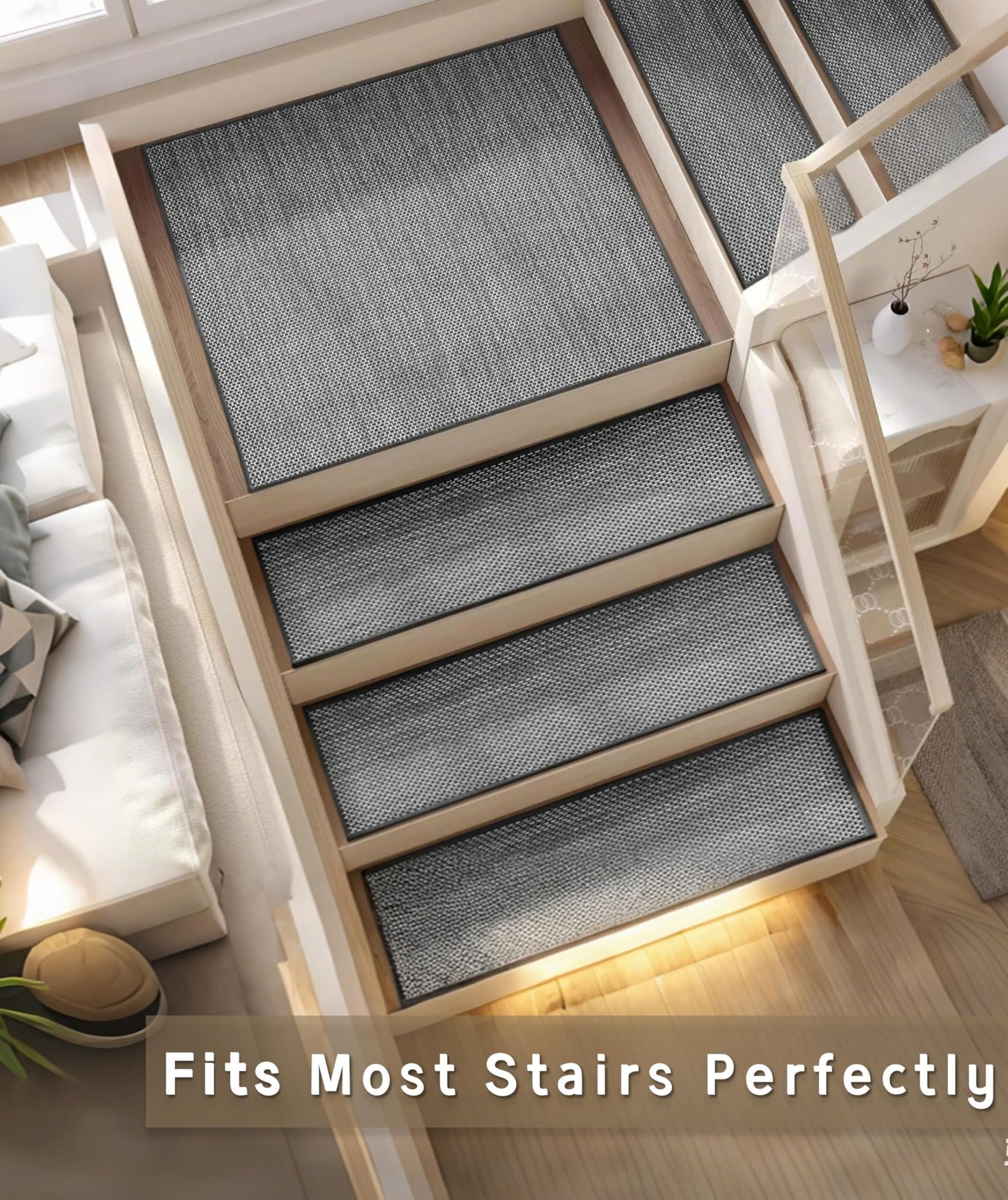Xaarmonex Natural Linen Stair Treads for Wooden Steps, 15 Pcs 8" x 30",Non Slip Stair Runner, Peel and Stick Carpet Indoor for Kids Elders and Pets (15, Black, 8" x 30")