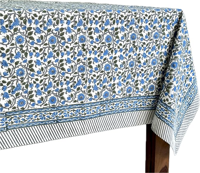 ATOSII Lake Como 100% Cotton Square Summer Tablecloth, Block Print Floral Linen Table Cloth for Kitchen Dining Table I Parties Weddings Outdoors I 60 X 60 Inches I 4 Seater I