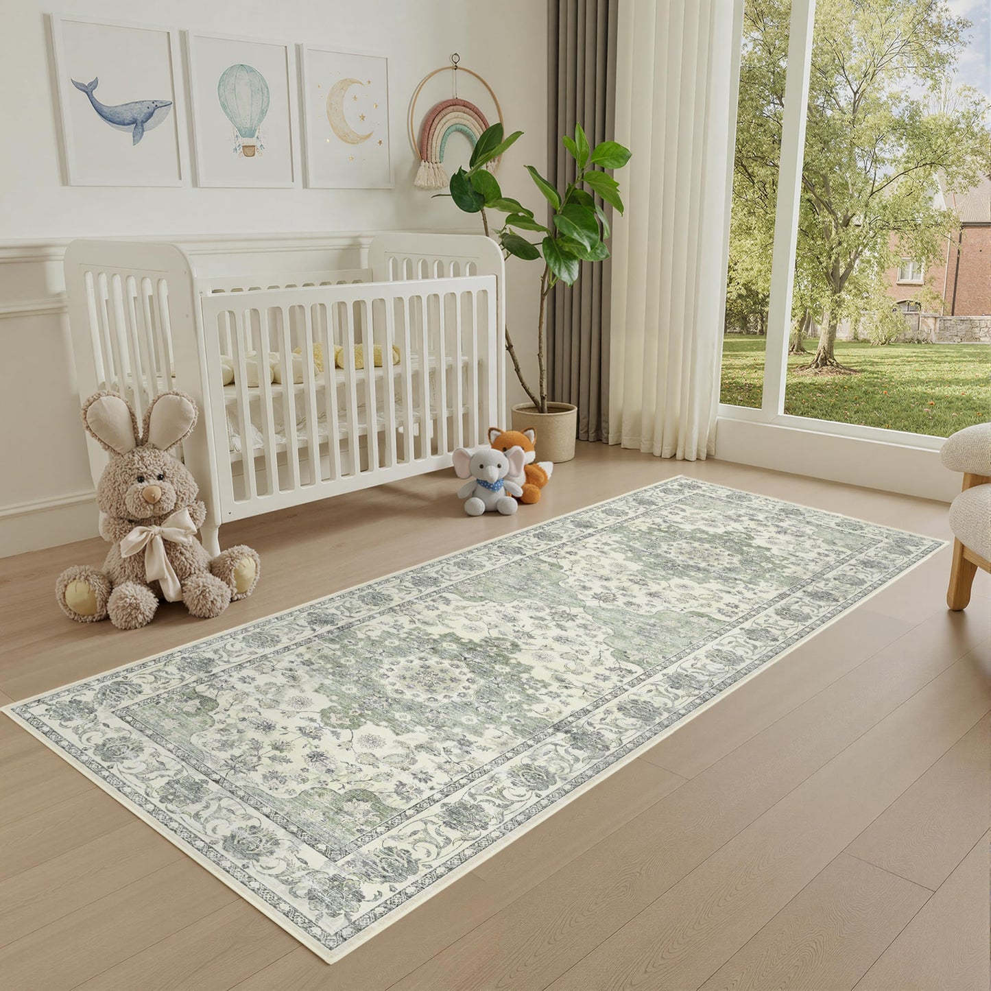 EiniHliw Sage Green Washable Hallway Runner Rug - 2x6 Kitchen Rug Distressed Low Pile Mats Non Slip Soft Rugs for Dining Room with Rubber Backing Bedroom Runner with Vintage Design (Green 2x6)