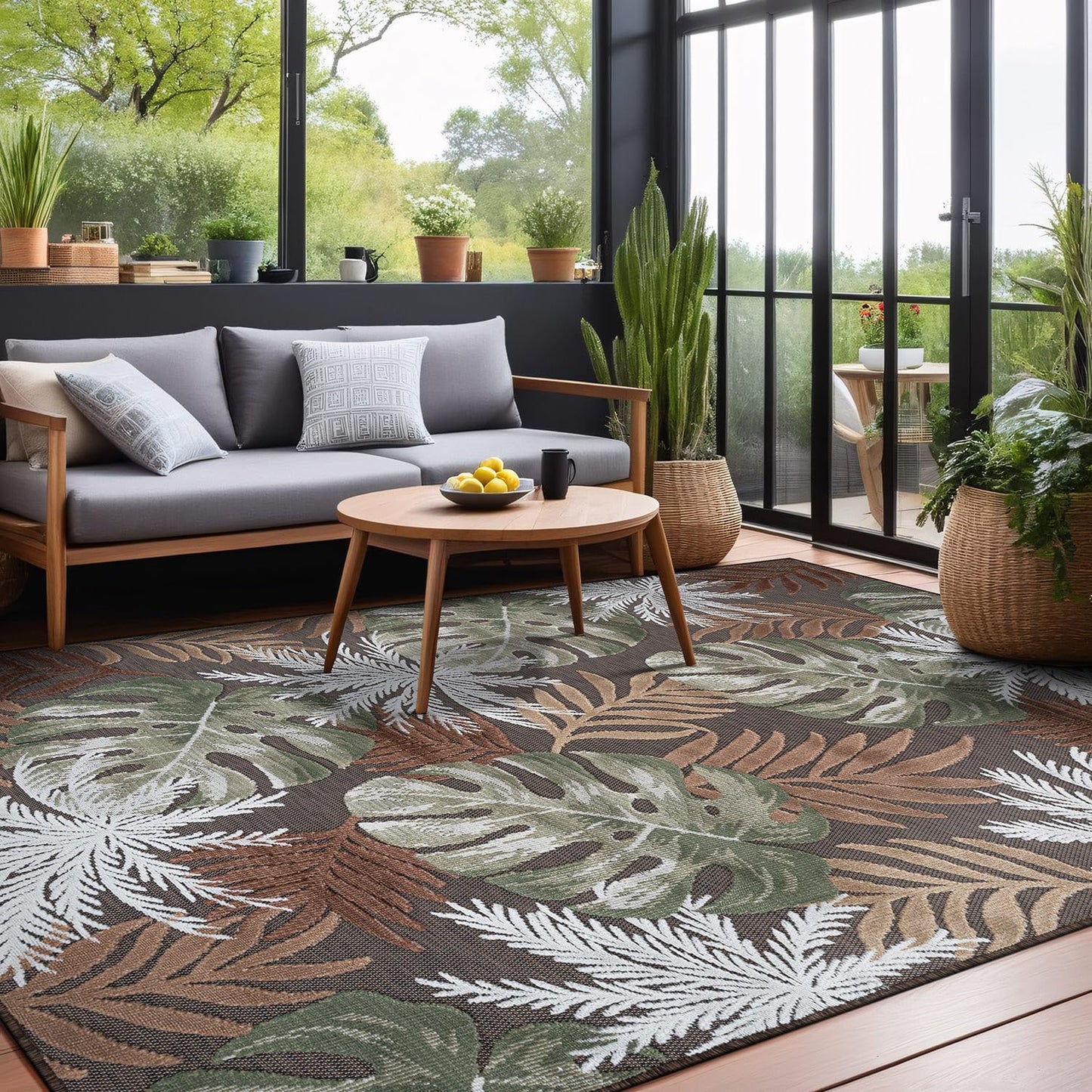 Luul Home Floral Indoor Outdoor Rugs 5x7 Large Area Rug for Living Room, Patio Decor, Kitchen, and Entryway Rug, Washable Stain Resistant Outside Carpet Brown 5 x 7