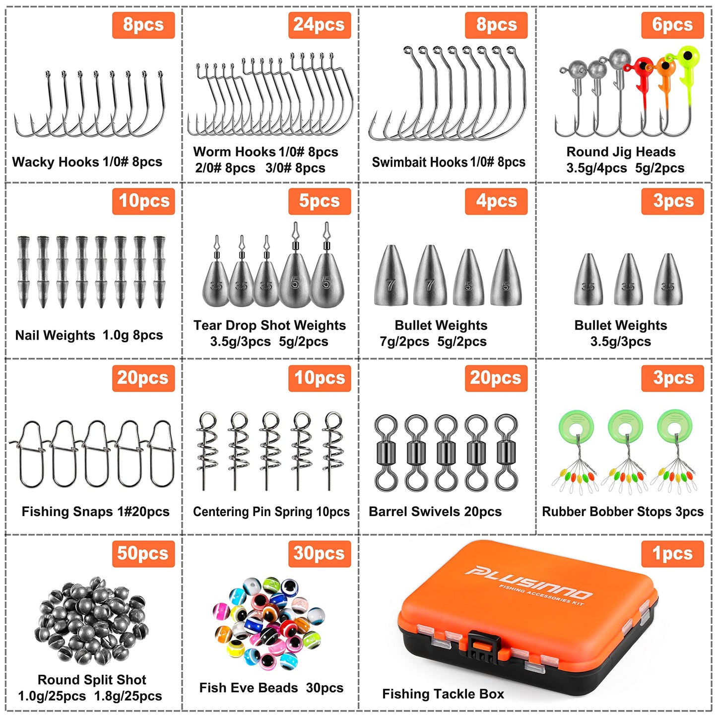 PLUSINNO 201pcs Fishing Accessories Kit,Tackle Box with Tackle Included, Fishing Hooks, Weights, Round Split Shot,Fishing Gear for Bass, Trout, Catfish