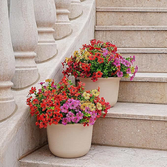 Outdoor Artificial Flowers, 16 Bundles Fake Flowers Summer Decoration, No Fade Faux Plastic Shrubs for Garden Patio Porch Window Box Decor (Mix 4 Color)