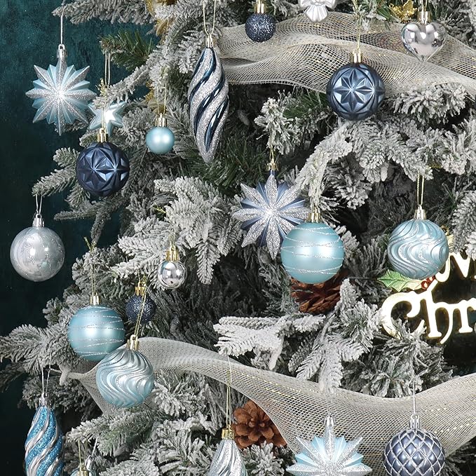 82Pcs Blue and Silver Christmas Ornaments Set,Shatterproof Christmas Decorations for Tree Assorted Plastic Craft Baubles Snowflake Ball Ornaments for Holiday Xmas Party Decor (Blue & Silver)