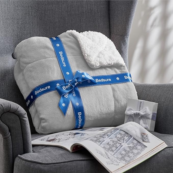 Bedsure GentleSoft Sherpa Fleece Throw Blanket Twin Size for Couch - Thick and Warm, Soft Fuzzy Plush Twin Blanket for Winter, Light Grey, 60x80 Inches