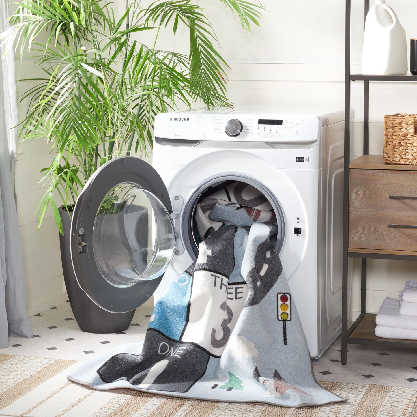 SAFAVIEH Washable Rug Kids Playhouse Collection - 5'5" x 7'7", Grey & Blue, Slip Resistant & Easy to Clean, Ideal for Kids Room, Playroom, Nursery, Boys & Girls Room (KPH226F)