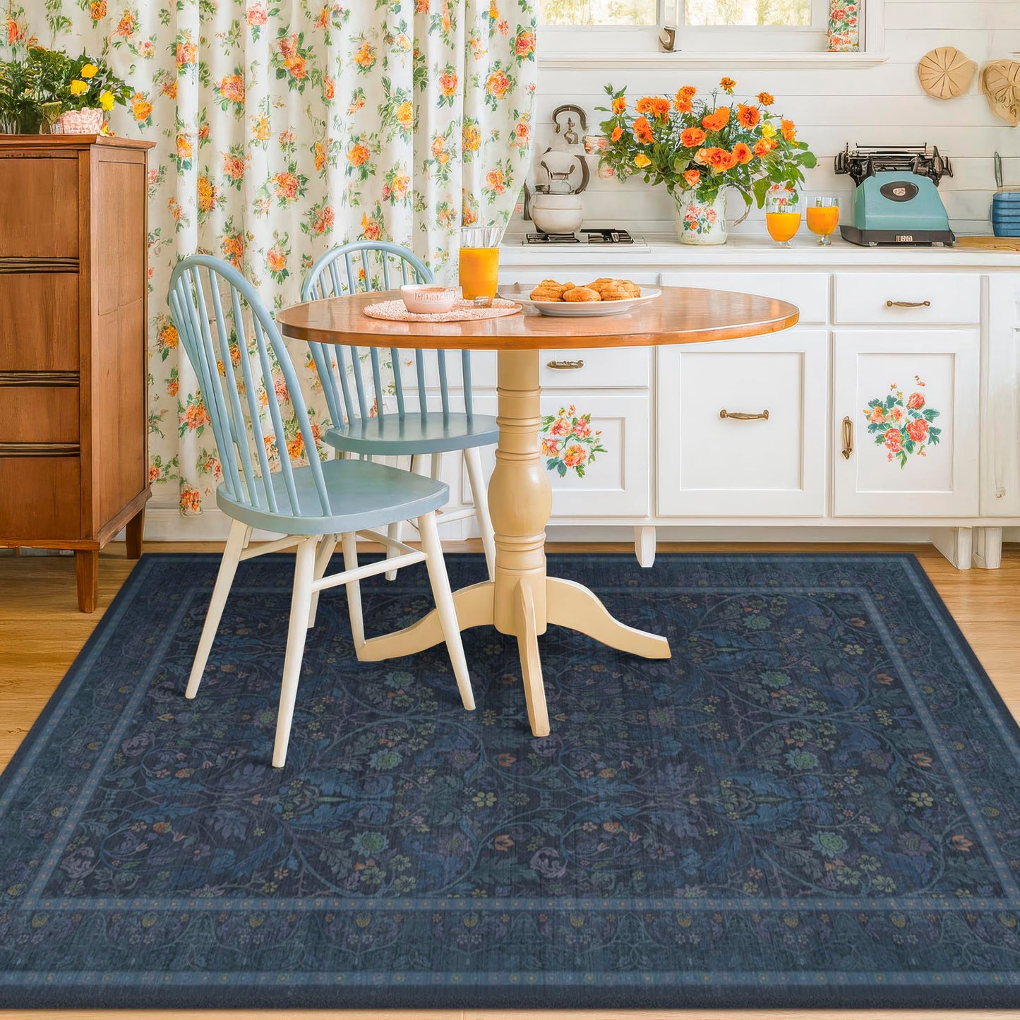 Washable Dark Blue 5x7 Living Room Area Rug - Small Dining Room Rugs for Under Table, Non Skid & Low Pile Bedroom Carpet, Thin Nature Botanical Pattern Mats (Navy Blue)