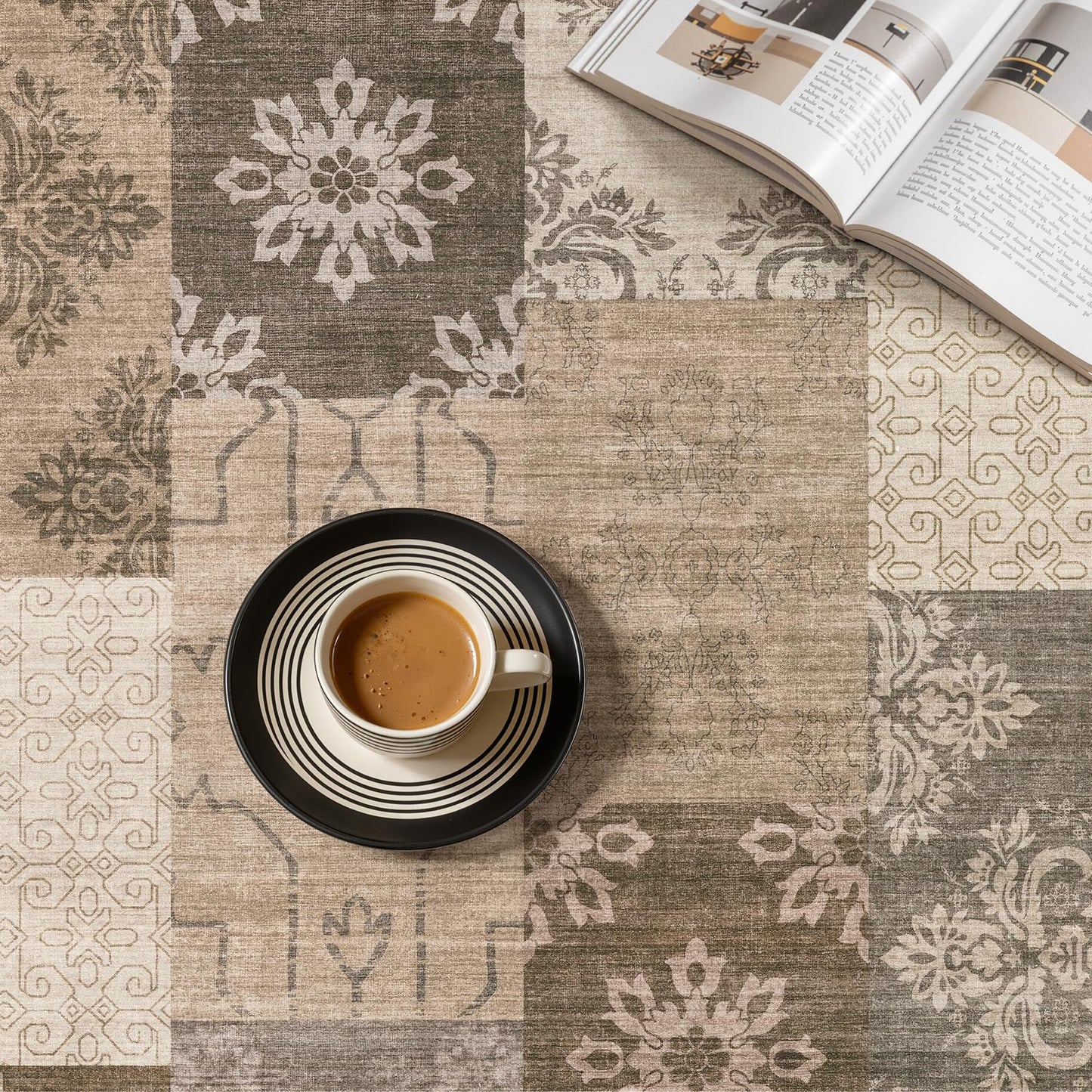 UERMEI 6x9 Area Rug for Living Room, Washable Brown Modern Geometric Patchwork Non Slip Stain Resistant Low Pile Foldable Carpet for Bedroom Dining Farmhouse Home Office