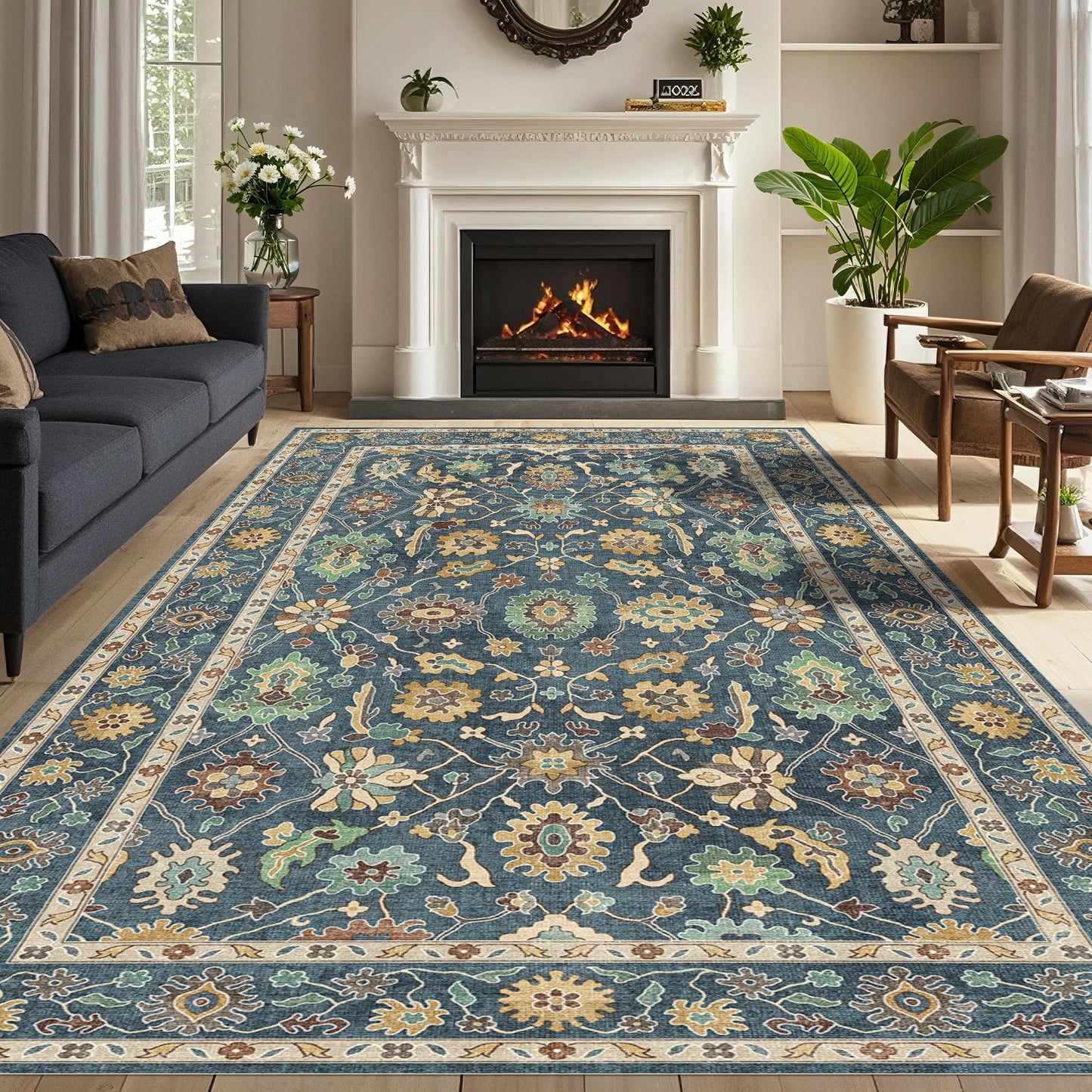 Washable Oushak Area Rug 8x10: Large Modern Turkish Oriental Floral Luxury Carpet for Bedroom Nursery Living Room Dining Home Decor Navy Blue