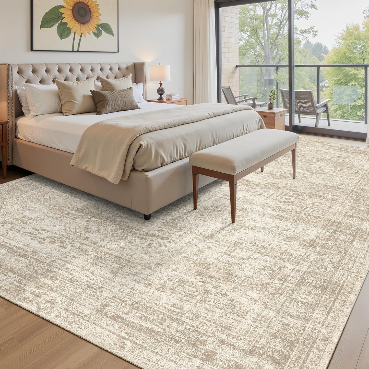 Soalmost 10x14 Area Rugs for Living Room, Non Slip Machine Washable Vintage Rugs, Low Pile Lightweight Large Rug for Bedroom, Dining Room, Home Office Beige