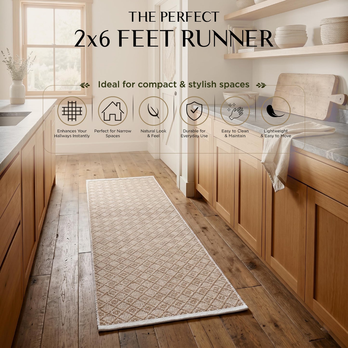 Cotton Diamond Woven Runner Rug 2x6 Feet - Beige, Non Slip Super Soft Farmhouse Space Patio Throw Carpet Ideal for Hallways, Kitchen, Living Room | Neutral Large Bedroom Area Décor Floor Décor Mats