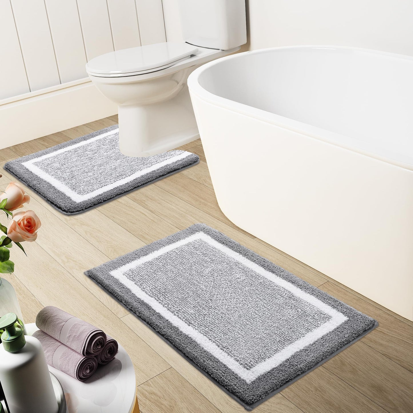 OLANLY Toilet Rugs U-Shaped 24x20, Extra Soft and Absorbent Microfiber Bathroom Rugs, Non-Slip, Machine Wash Dry, Plush Shaggy Contour Bath Mats for Toilet Base, Grey