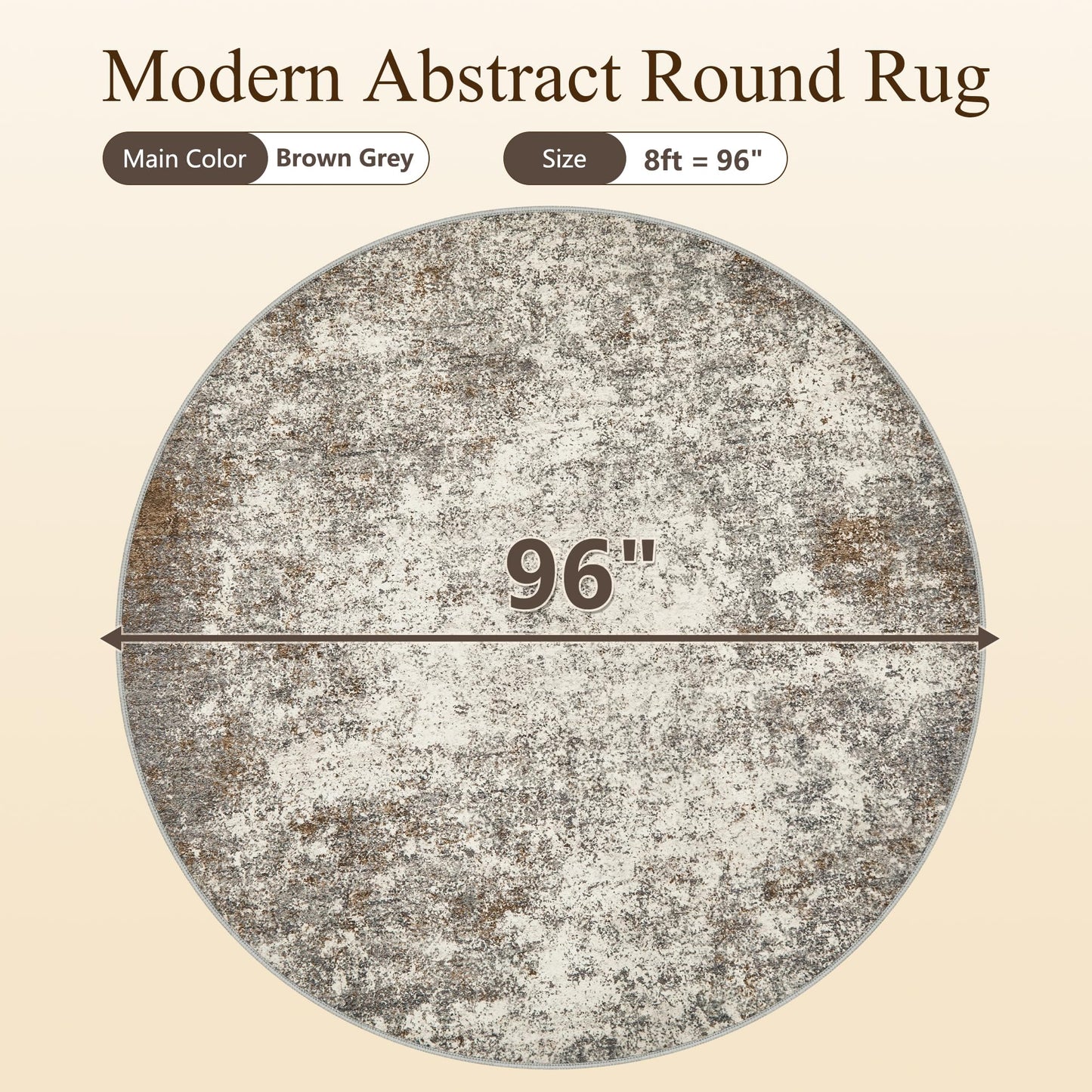 8ft Washable Round Rug - 8x8 Area Rugs Modern Abstract Rugs for Living Room Non-Slip Low Pile Soft Machine Washable Carpet for Bedroom, Living Room, Dining Room, Nursery, Farmhouse (8'x8' Brown Grey)
