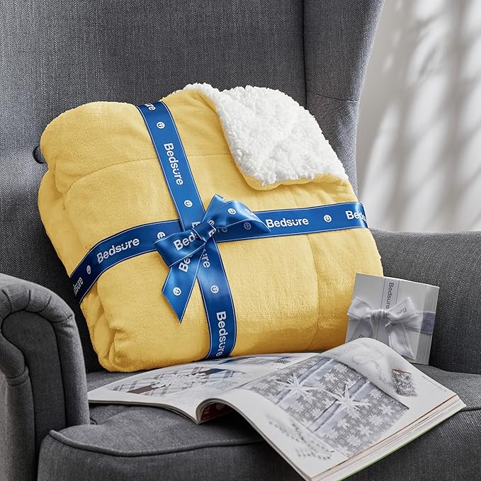 Bedsure GentleSoft Sherpa Fleece Blankets King Size for Bed - Thick and Warm, Soft Fuzzy Plush King Blanket for Winter, Yellow, 108x90 Inches