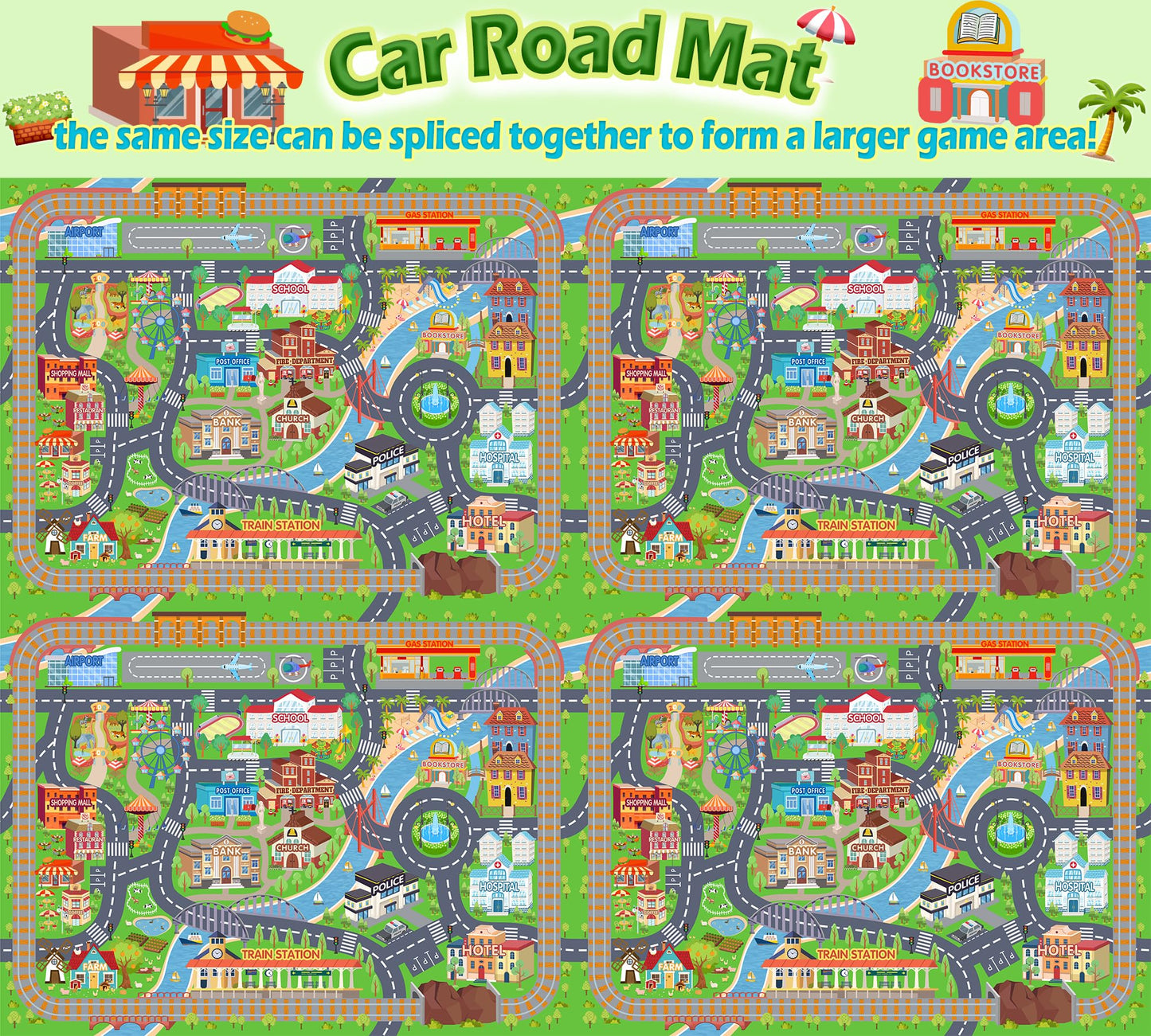 plumlik Car Rug Play Mat for Kids Toy Cars, Road Traffic Playmat for Kid Bedroom, Non-Slip Machine Washable Town City Race Track Carpet for Learn and Have Fun Classroom Rugs 4'x5'/ 48" x60