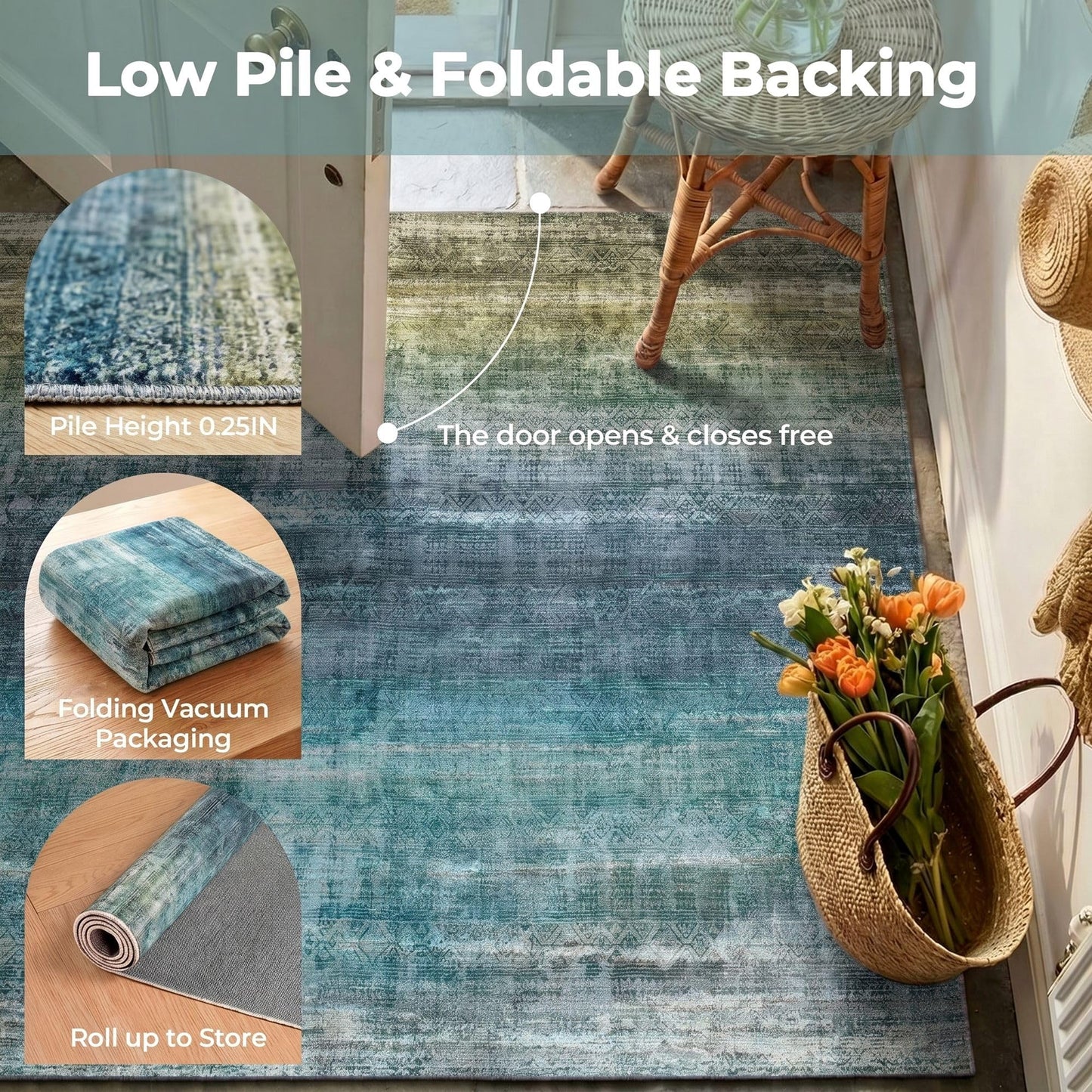 Kokia Abstract Teal Area Rugs 6x9 Boho Washable Distressed Retro Indoor Floor Rug Multicolor Low Pile Non-Slip Non-Shedding Carpet Bedroom Living Room Dining Room, Blue and Green