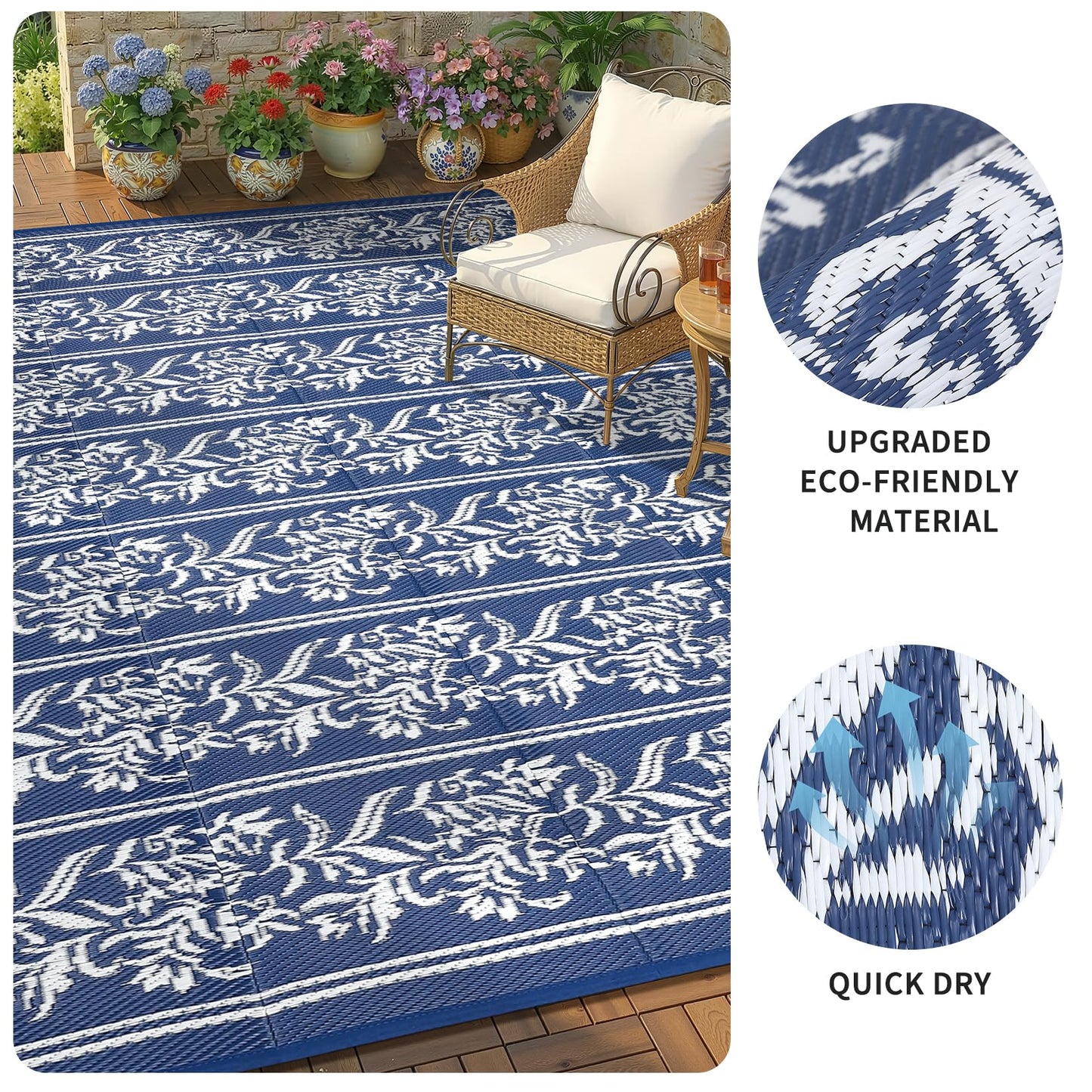 Garvee Outdoor Rugs 5x8 Waterproof Reversible Mat Boho Leaf Patio Rug with 4 Stakes and Starage Bag, Large Outdoor RV Mat Rugs for Camping, Picnic, Balcony, Deck, Backyard, Navy Blue & White