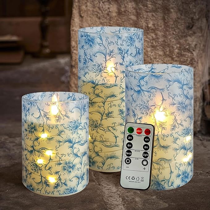 Flickering Flameless Candles Blue Floral Print, Embedded Star String Lights, Battery Operated Acrylic LED Pillar Candles with 11-Key Remote and Timer for Home Decoration, 3 Pack