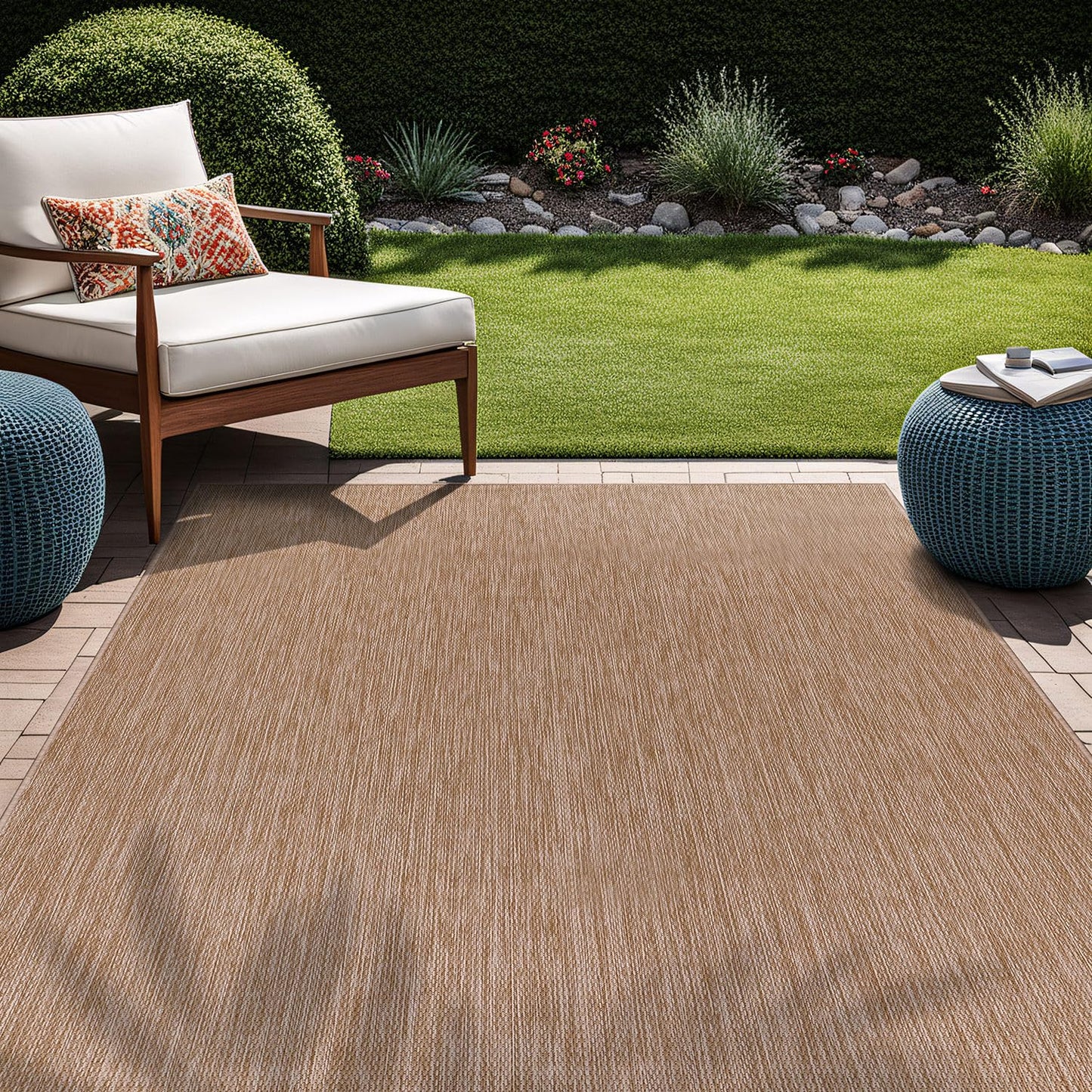 Beverly Rug Indoor Outdoor Rug 6x9, Washable Outside Carpet for Patio, Deck, Porch, Solid Modern Area Rug, Water Resistant, Jute Beige