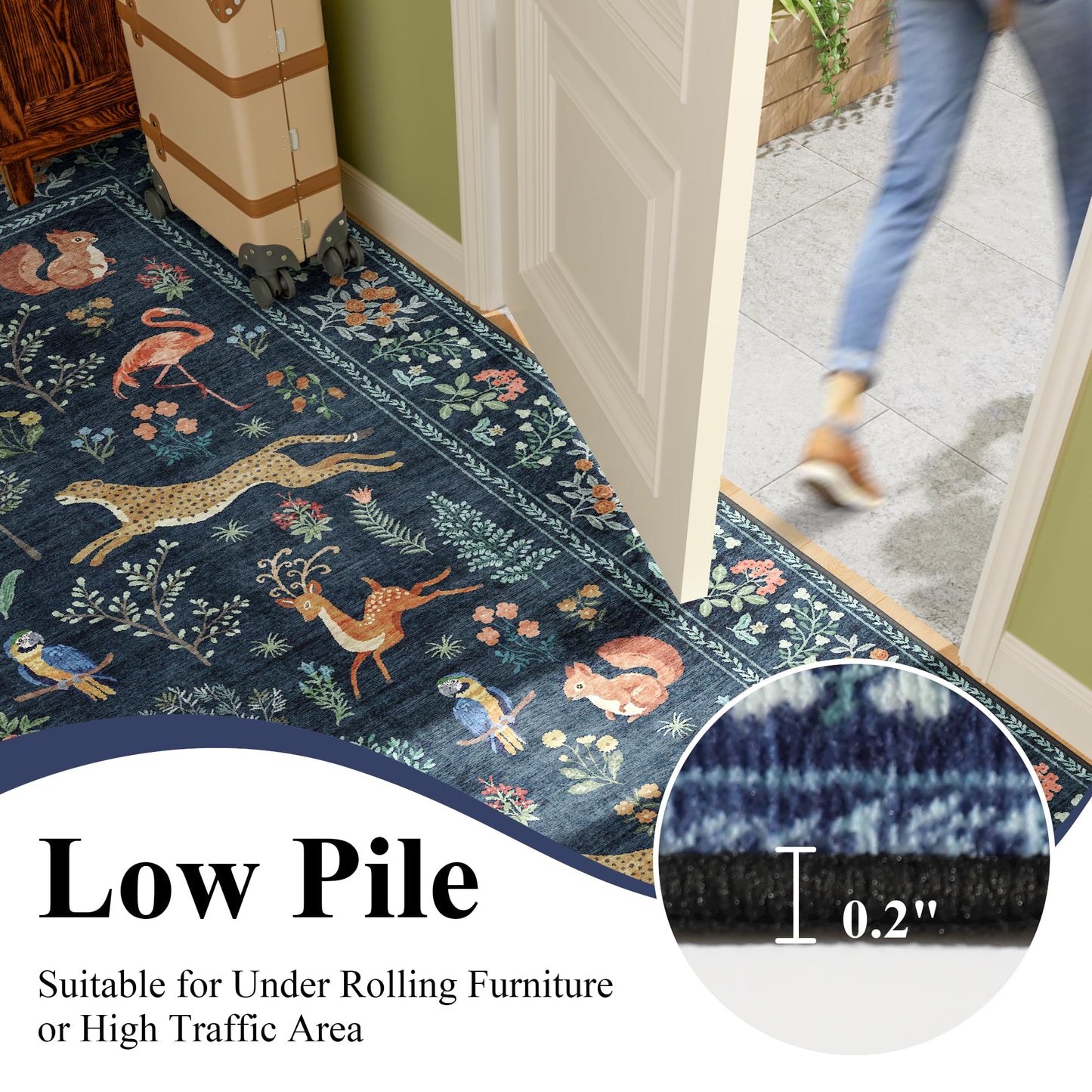 DUKINO 2x6 Rug for Hallway, Washable Kitchen Runner Rug with Non Slip Backing, Soft Low Pile Vintage Animal Runner for Bedroom, Kitchen, Hallway, Entryway, Laundry, Navy Blue