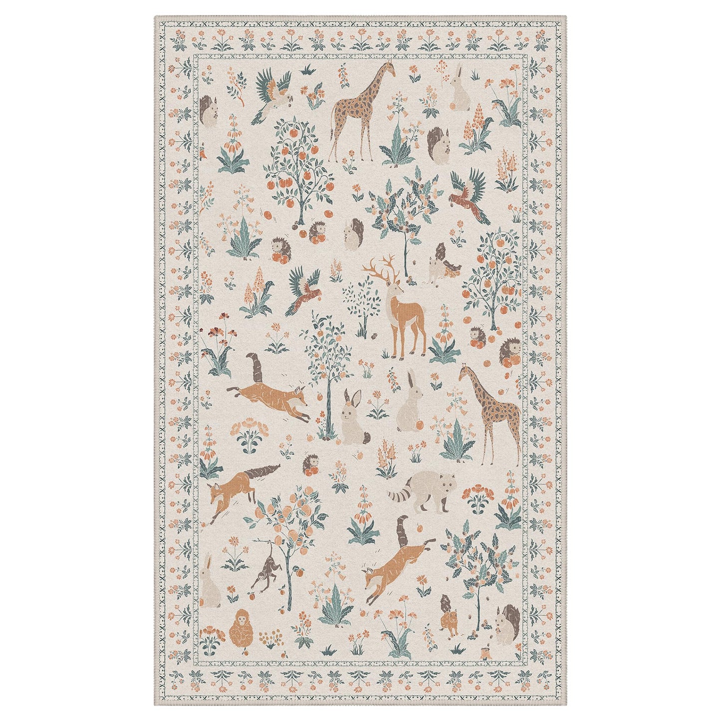 BESBLEE Washable Rugs 3x5, Soft Animal Print Ultra-Thin Low Pile Carpet, Non-Slip Stain Resistant Floral Pet Friendly Woodland Jungle Rug for Playroom Living Room Bedroom Entryway, Beige