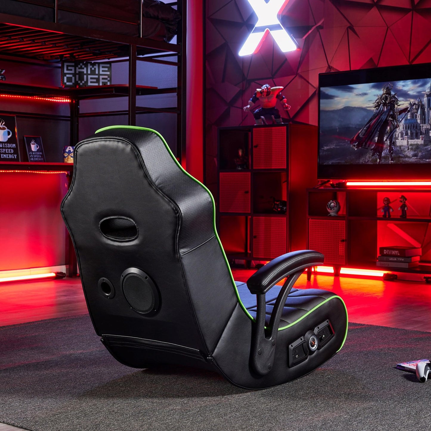 X Rocker Limewire Video Gaming Floor Chair with Armrests, Built-In Audio via Wireless Bluetooth, Foldable, Vegan Leather, 300 lbs Max, Amazon Exclusive, Black with Green